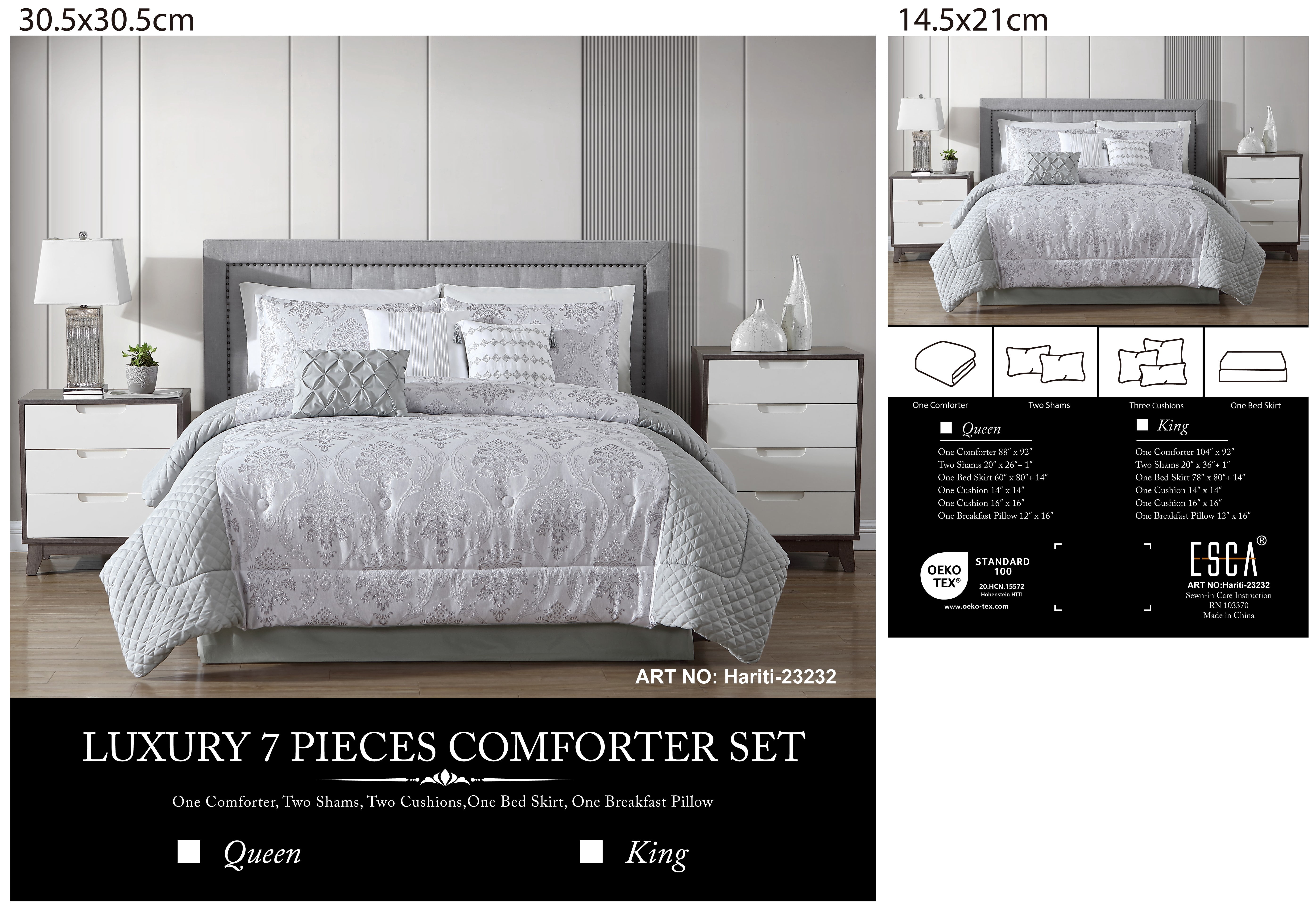 ESCA Hariti 7‑Piece Luxury Comforter Bed‑in‑a‑Bag Set, Light Grey Damask Pattern Bedding Set,KING