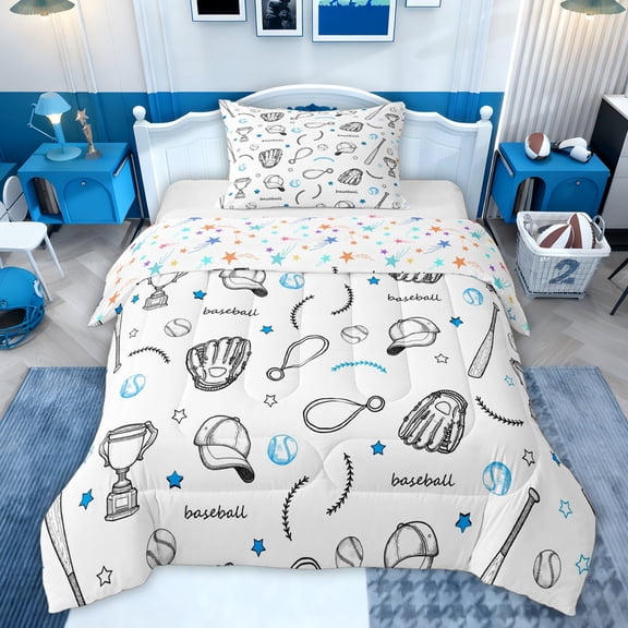 jejeloiu Baseball Games Twin Comforter Sets,Cute Cartoon Stars Bedding Set For Boys Reversible 2pcs