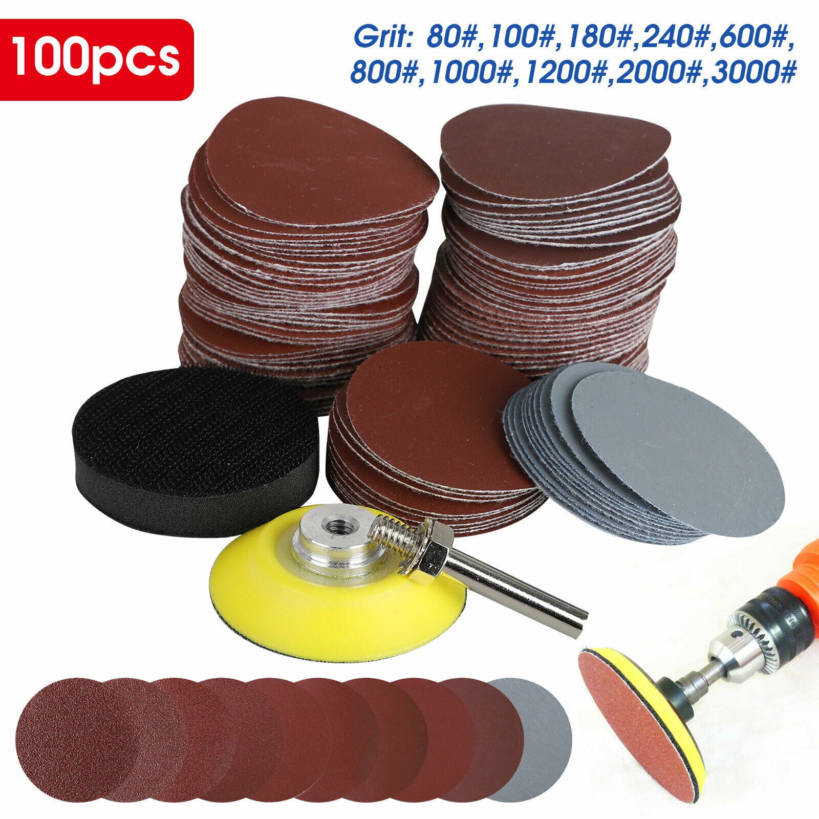 100 Sanding Disc Sand Paper Hook Loop Sander Kit M6 Drill Adapter & Backer Pad