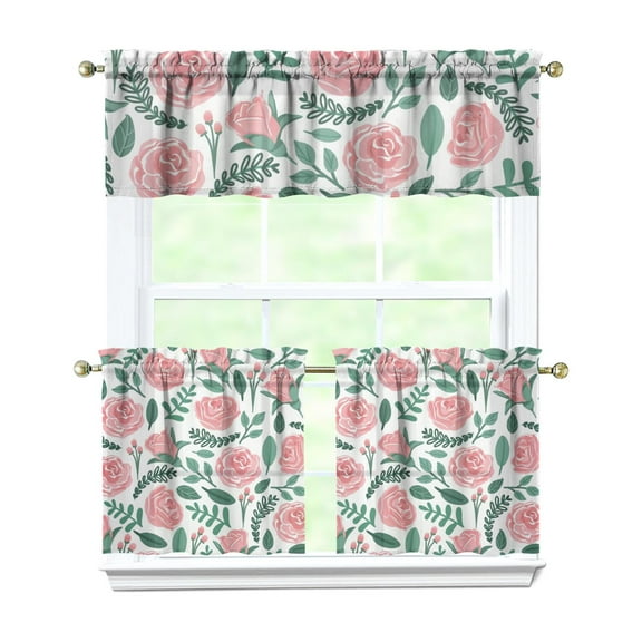 Pioneer Kitchen Curtains and Valance Set 24 Inch Tier Hand Drawn Roses Curtains Small Drapes for Cafe Living Room Bathroom Farmhouse 3 Pieces Set Rod Pocket
