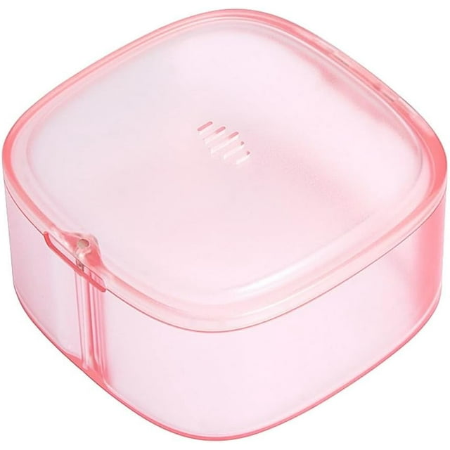 Discreet Transparent Denture Case with Vent Holes, Clear Denture Cup with Magnetic Closure, Large Dental Braces Box, Deep False Teeth Container for Soaking and Cleaning (Pink)