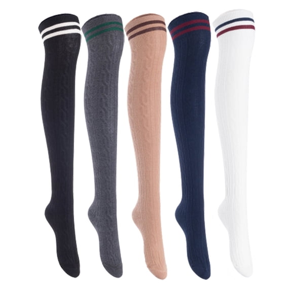 Lian Lifestyle Women's 5 Pairs Incredible Durable Super Soft Unique Over Knee High Thigh High Cotton Socks, Size US 6-9, JMYP1023 Black, Dark Gray, Khaki, Navy, White