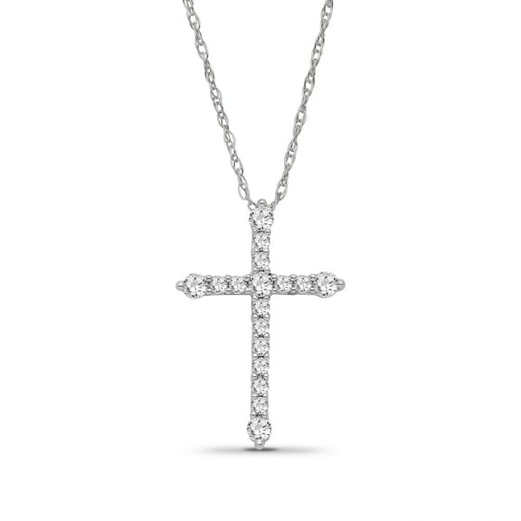 ARAIYA JEWELRY 10K White Gold Diamond Cross Pendant with Silver Chain Necklace for Women (1/4 Cttw, I-J Color, I2-I3 Clarity), 18"