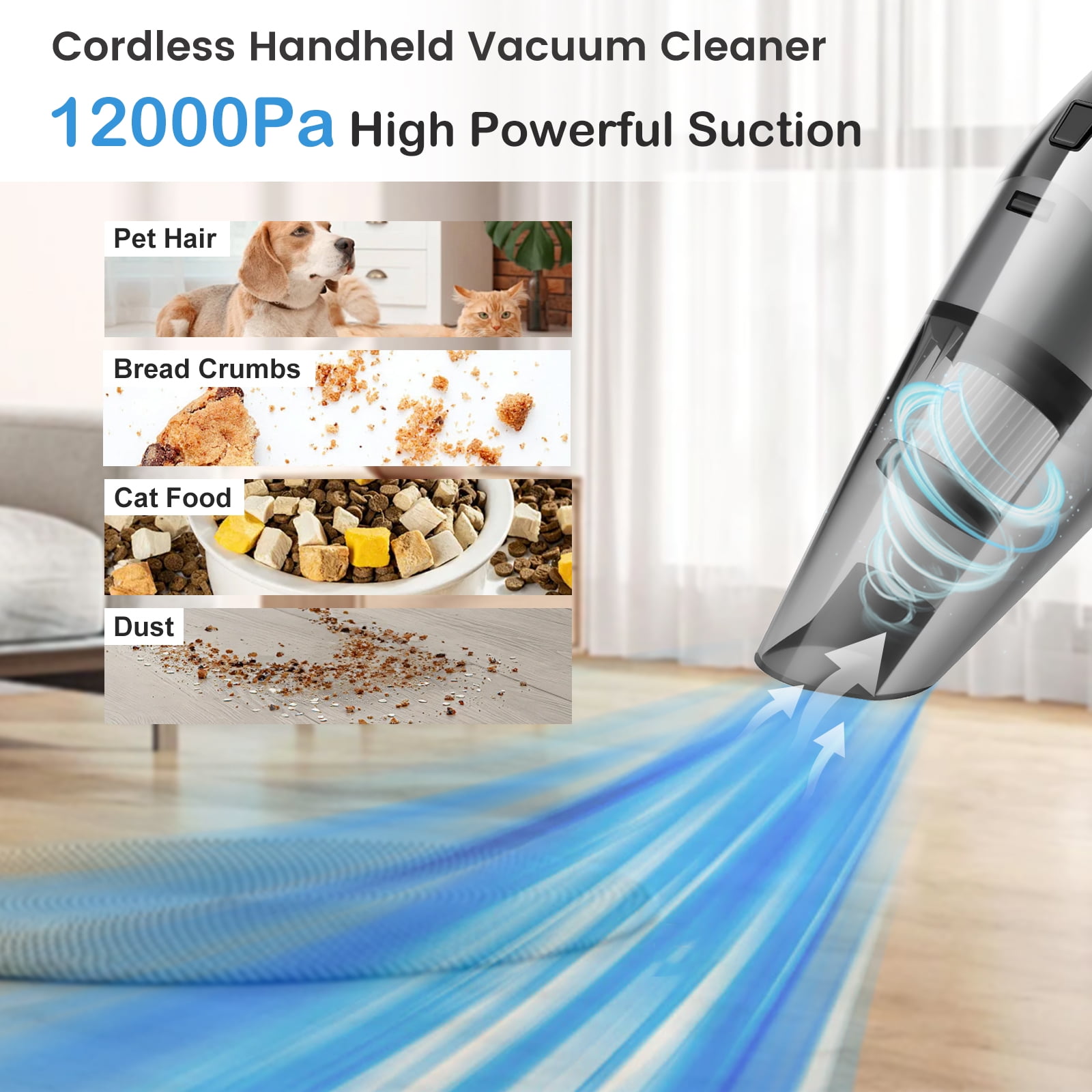 Cordless Handheld Car Vacuum, Portable Vacuum Cleaner, 12000PA Powerful Suction for Car, Gray