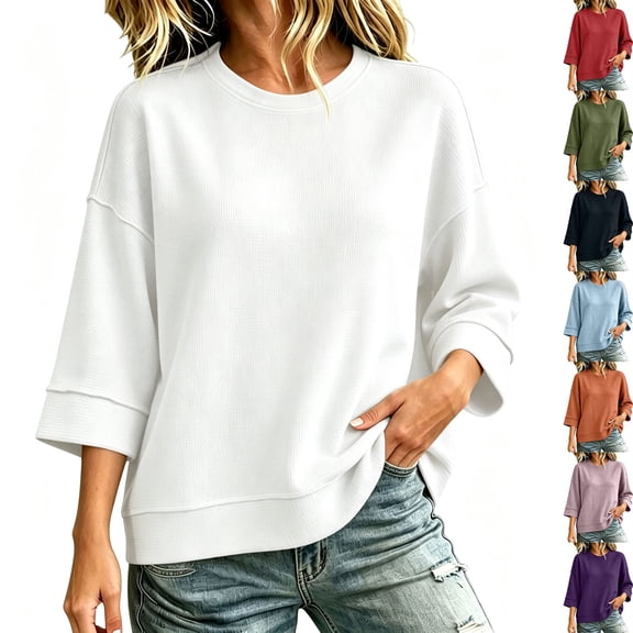 Fall Sweatshirts for Women Waffle Knit Casual Three Quarter Sleeve Crew Neck Pullover Top Solid Color Casual Loose Lounge Comfy Clothes