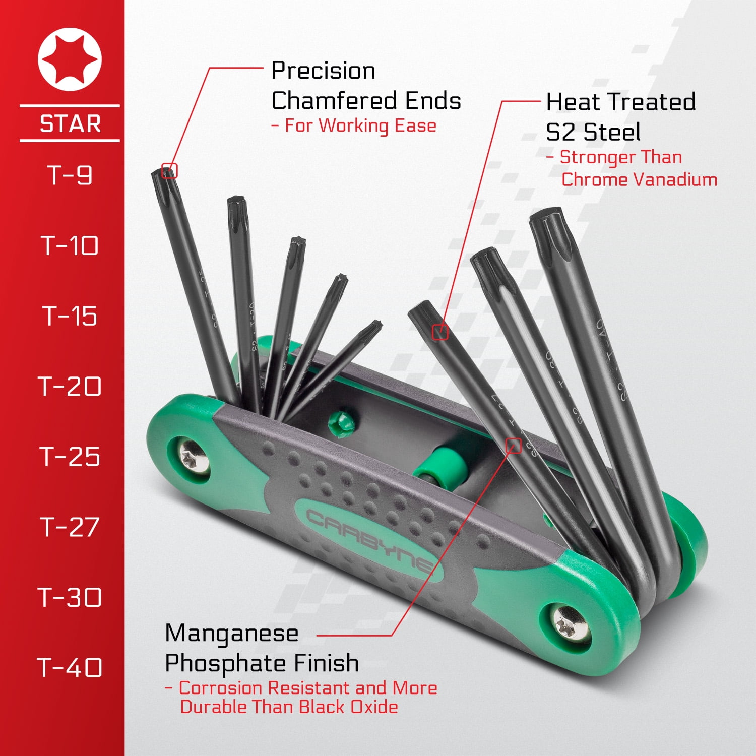 Carbyne 25-Piece Folding Hex (Allen) Key and Star (Torx) Wrench Set, SAE/Metric/Torx, S2 Steel, Manganese Phosphate, Lifetime Warranty