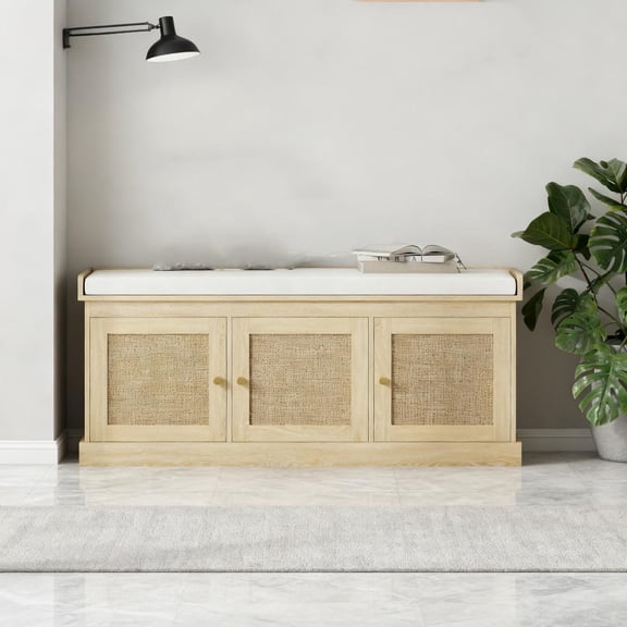 Cterwk 3 Doors Shoe Storage Bench with 6 Inner Shelves, Upholstered Seat Bench for Living Room, Bedroom, Cream White