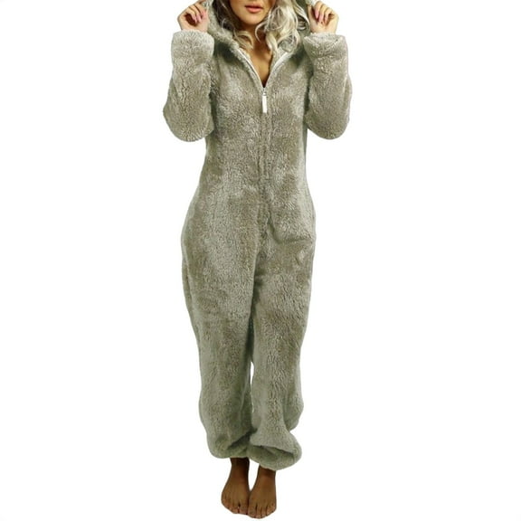 Soyumi Winter Womens Sherpa Romper Pajamas One Piece Fleece Sleepwear with Hood, Ultra Soft & Warm Loungewear Jumpsuit for Cold Nights, Bronze