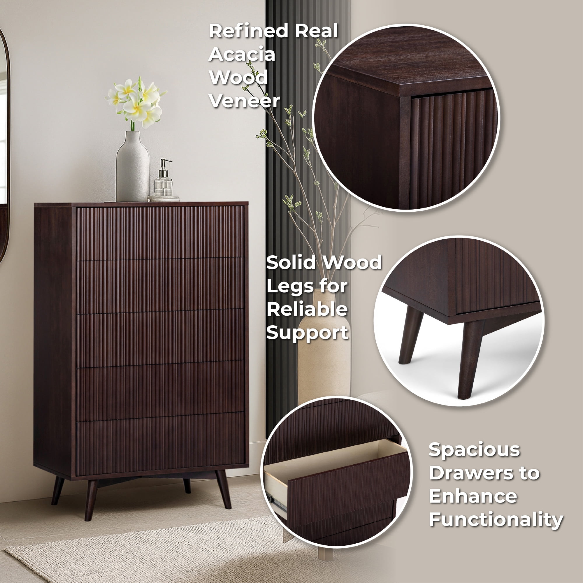 Tremolo 5-Drawer Dresser, Espresso – Teamson Home: Push-Open Chest of Drawers with Natural Acacia Fluted Fronts for Modern Bedrooms & Closet Storage