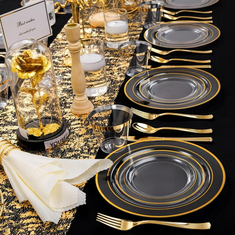 600pc Gold Trim Plastic Dinnerware Set for Party: 100 Dinner