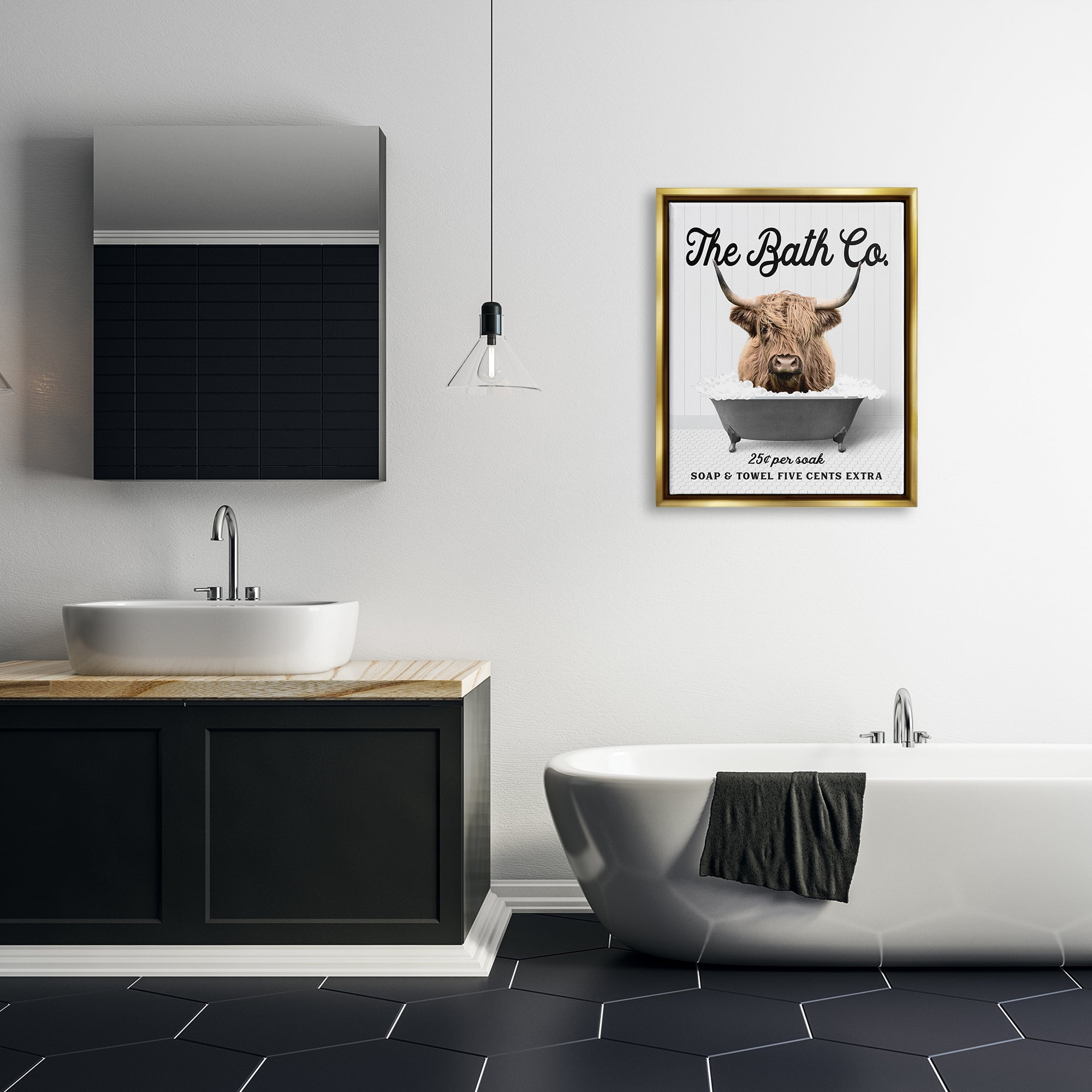 Stupell Industries Bubble Bath Highland Cow Animals & Insects Painting Gold Floater Framed Art Print Wall Art, 25 x 31