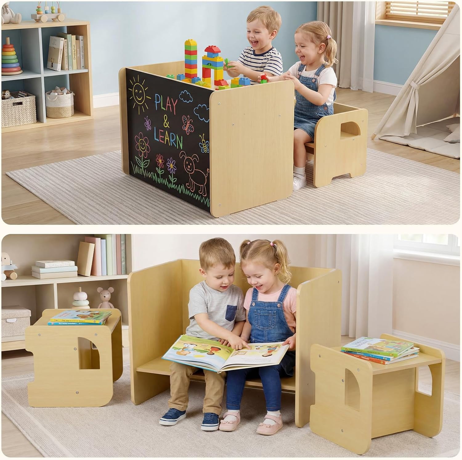 OLAKIDS Montessori Weaning Table and Chair Set, Adjustable Height Kids Activity Desk with Blackboard 2 Chairs for Toddler Aged 1-3, Ideal for Step Stool Drawing Reading
