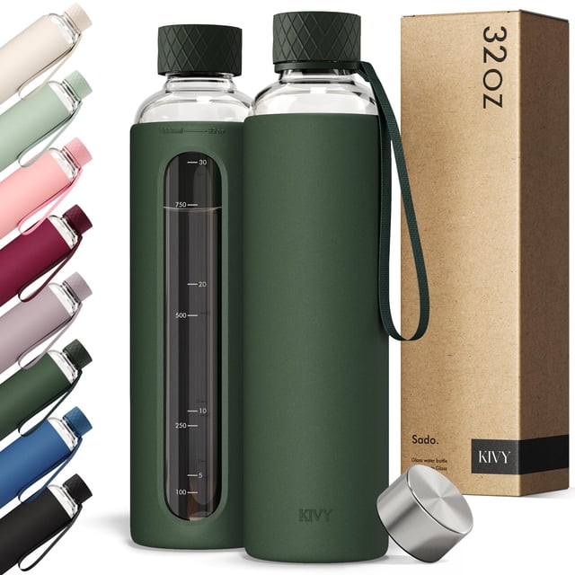 Botella de agua KIVY de vidrio borosilicato de 950 ml con funda de silicona