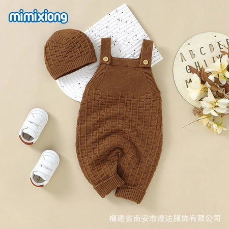 

ins hot autumn new infant solid color sling one-piece romper + Hat suit cute newborn