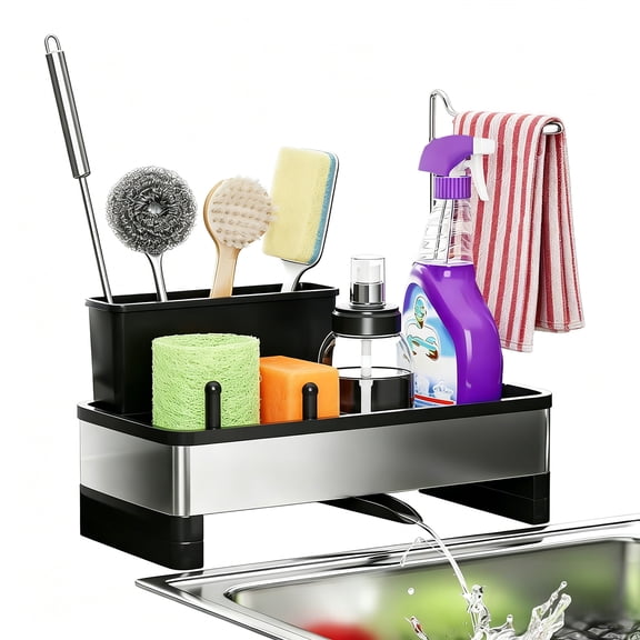 UHIAGREE Sink Caddy,3-in-1 360°Self Drain Sponge Holder for Kitchen Sink Organizer,Black