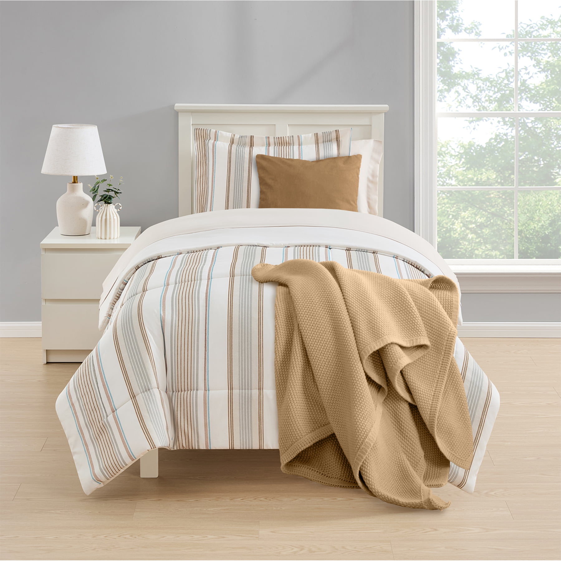 Mainstays All in One Reversible Comforter and Sheet set- 5 Piece, Twin, Beige Stripe