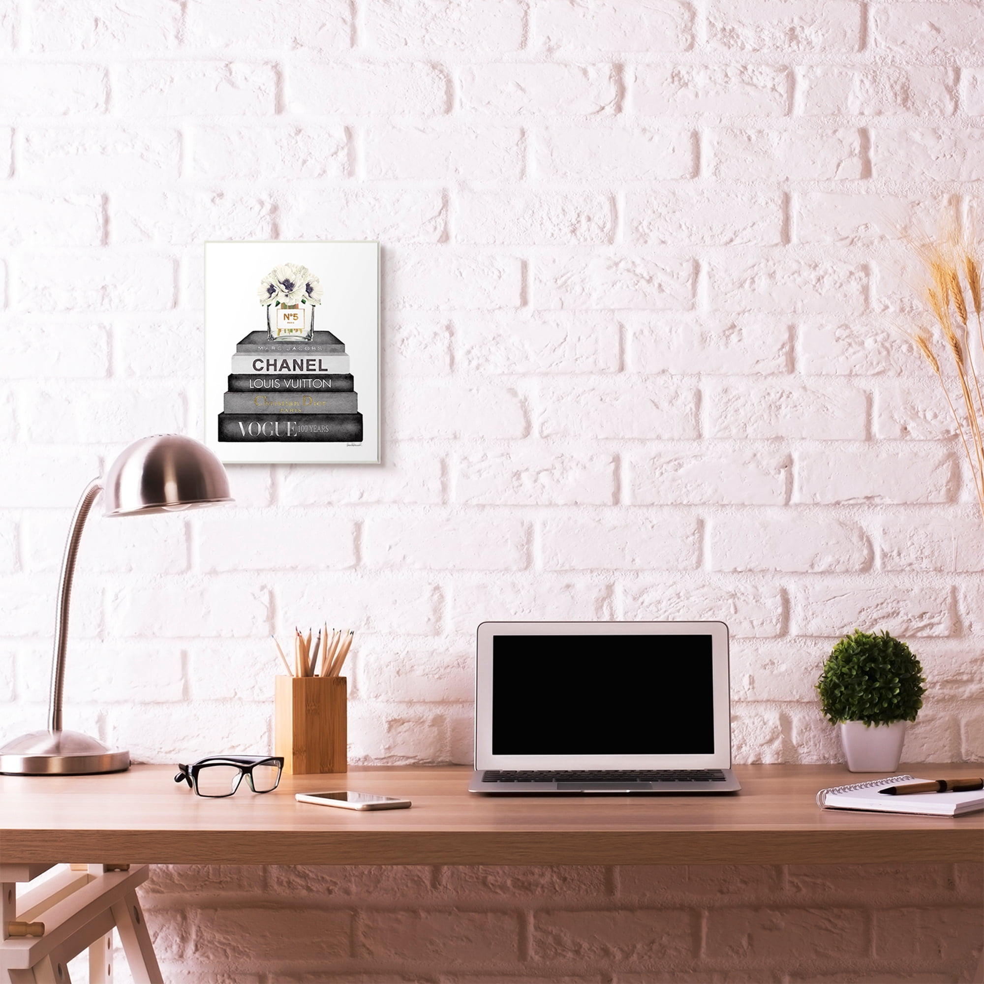 Stupell Industries Fashion Designer Flower Bookstack Black And White Watercolor Wall Plaque by Amanda Greenwood