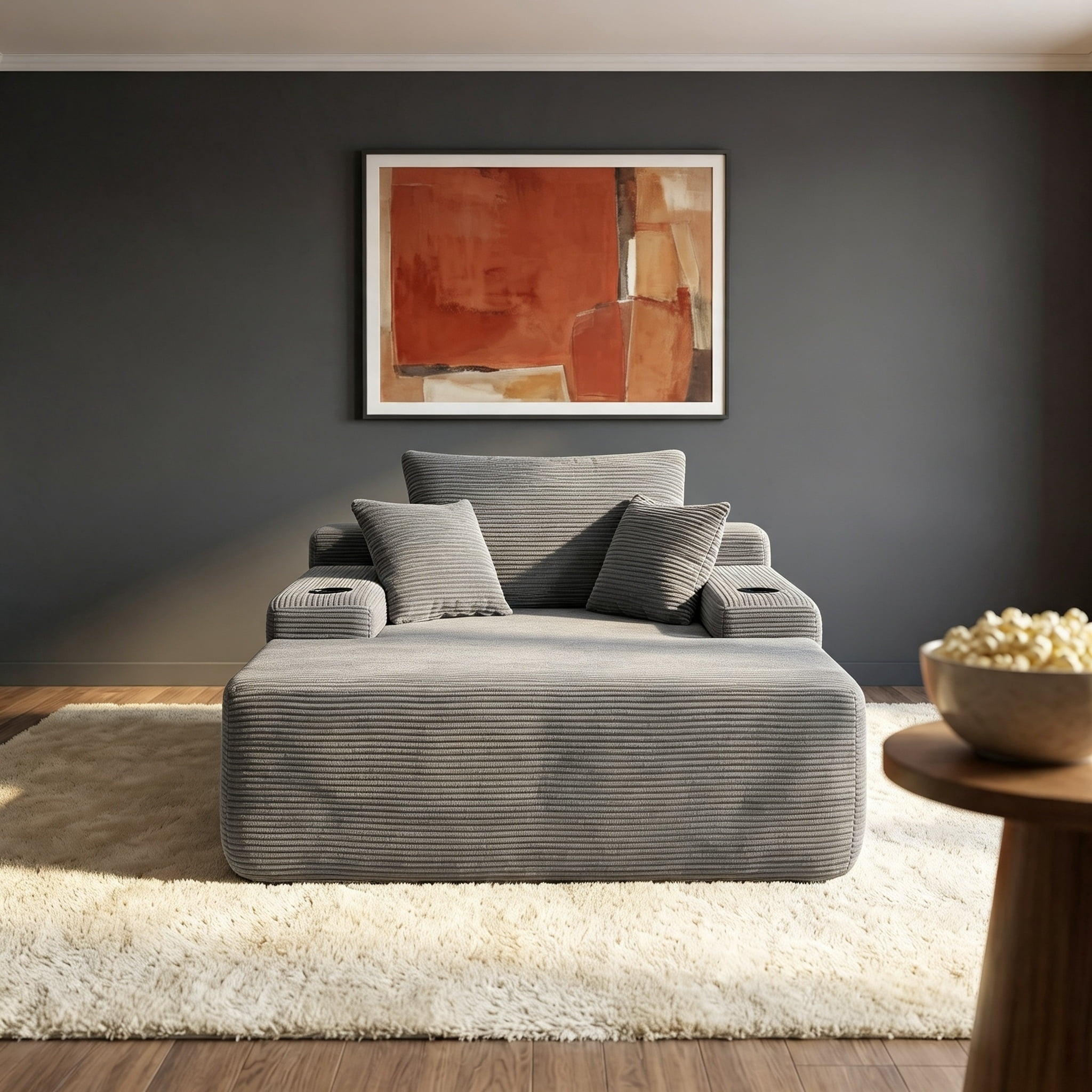 ShiKeyi 65'' Chaise Lounge Chair Indoor, Boneless Sofa Cloud, Plush Corduroy Chaise Couch with Cup Holders, Side Storage Pocket & Pillows, No Assembly Required, Gray