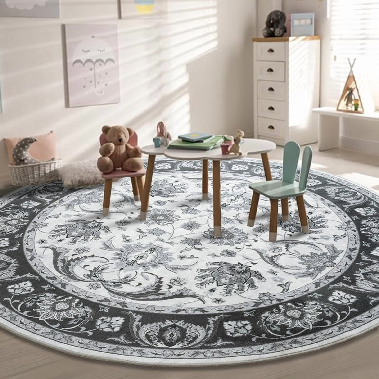 Jamfeel Round Rugs Vintage Print Low Pile Non-slip Circle Carpet Indoor Area Rug for Living Room Nursery, 6ft, Black and White