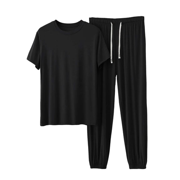 2 Piece Workout Sets for Men Cotton Sleeveless Crew Neck Shirts & Elastic Waist Drawstring Cuffed Long Pants Breathable Comfy Track Set Black L