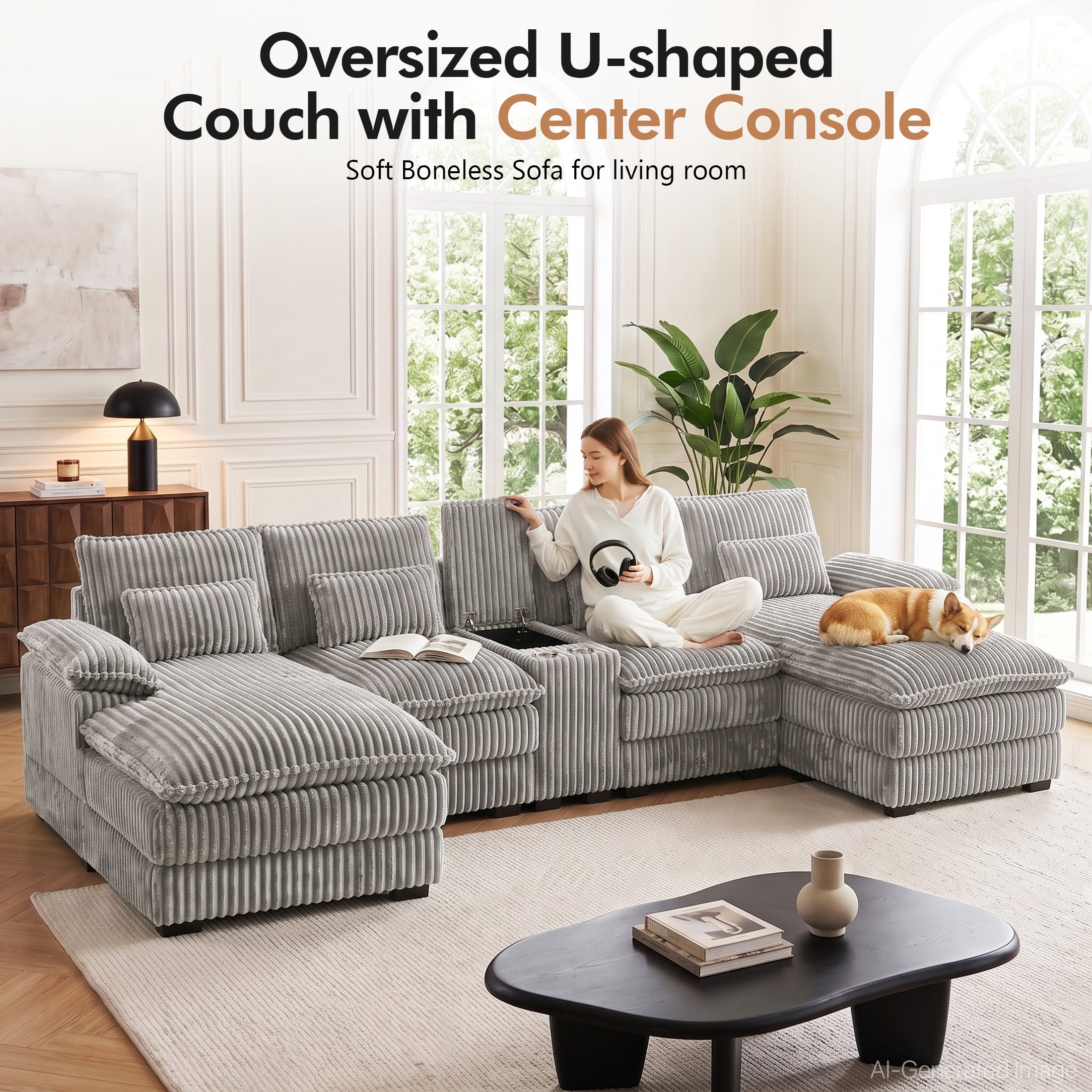 Aenkyo 125 Inch Chenille U-Shaped Sectional Sofa with Console and USB Ports, Light Gray