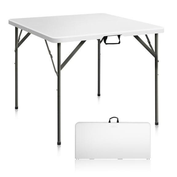 VINGLI 34" Fold in Half Square Table, Bi-Folding Commercial Table, Portable Plastic Dining Card Table for Kitchen or Outdoor Party Wedding Event, White Granite
