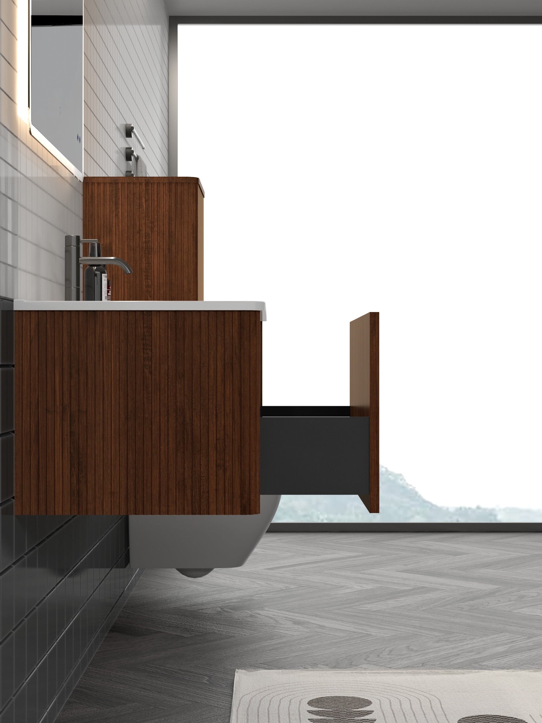 CITTANEO 30" Mid Century Bathroom Vanity with Sink, Modern Bathroom Cabinet with Push-Open Drawer, Walnut