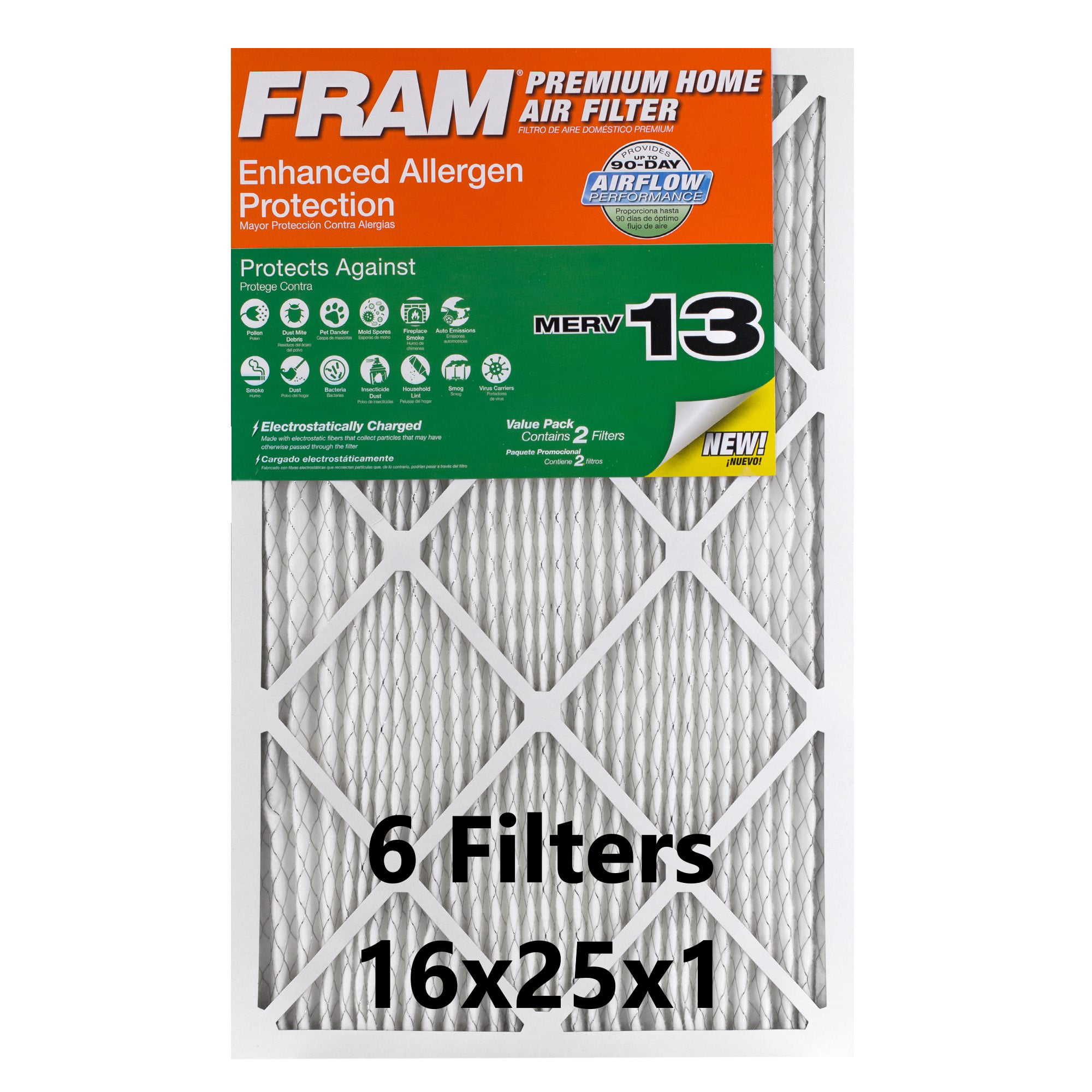 Details about   6pk Furnace Air Filter 16x25x1 MERV 13 FRAM Home w/Enhanced Allergen Protection 
