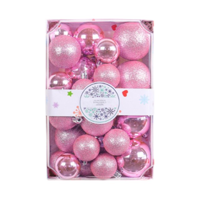 adornos de bolas de navidad macarena 26 piezas rosa caja rectangular con 26 esferas rosa en 3 tamaños (diámetros 4, 5 y 6 cm), vista frontal tipo flatlay, mezcla de acabados brillantes y con brillo, colgadores metálicos visibles y banda decorativa en el empaque; también aptas para decorar árbol, guirnaldas o centros de mesa.