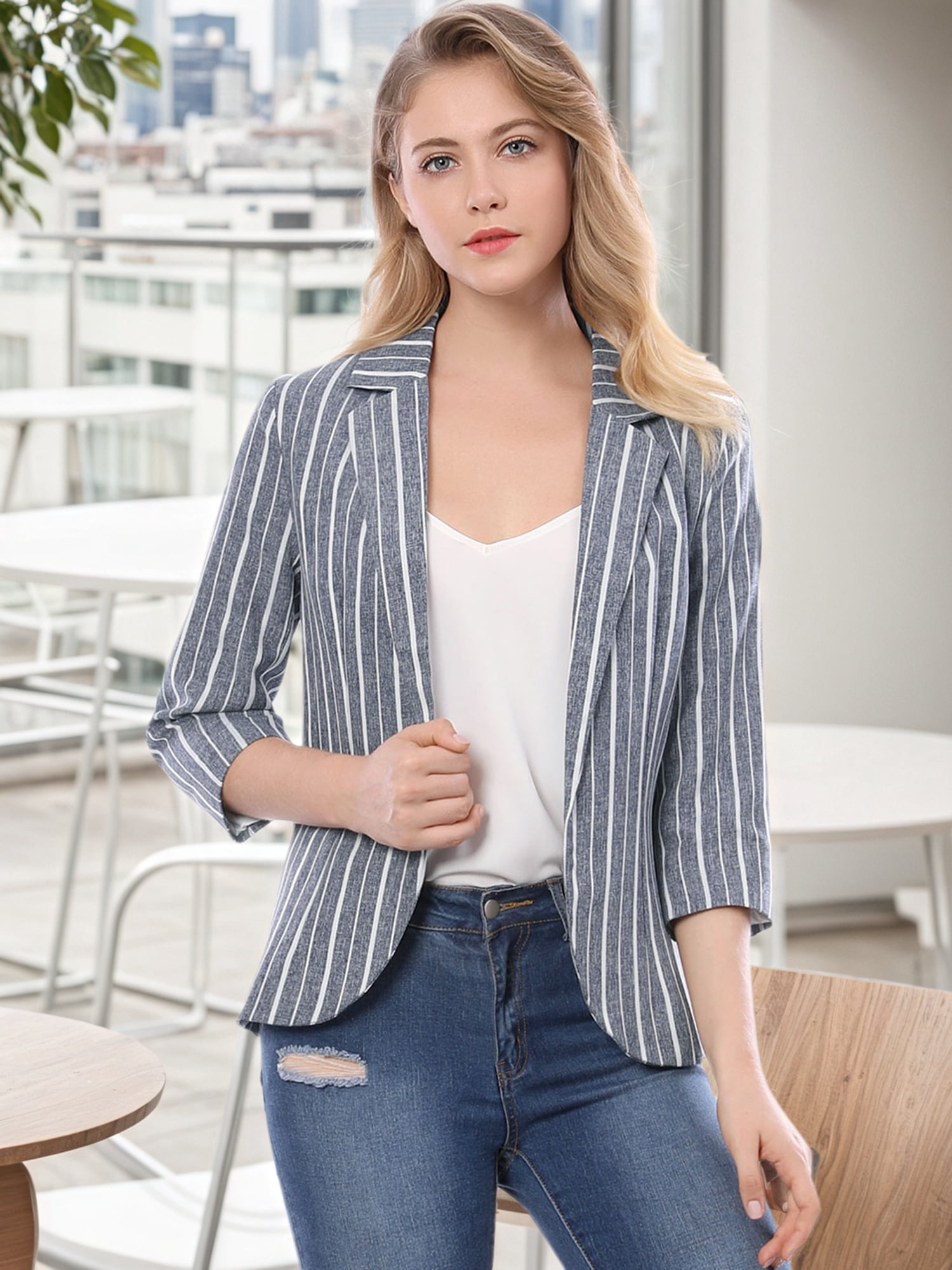 DARING DIVA Women's Striped Open Front Notched Lapel Blazer S Blue