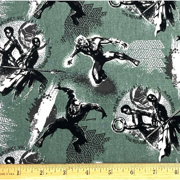 1 Fat Quarter - Marvel Black Panther on Green Cotton Fabric - 21" X 18"