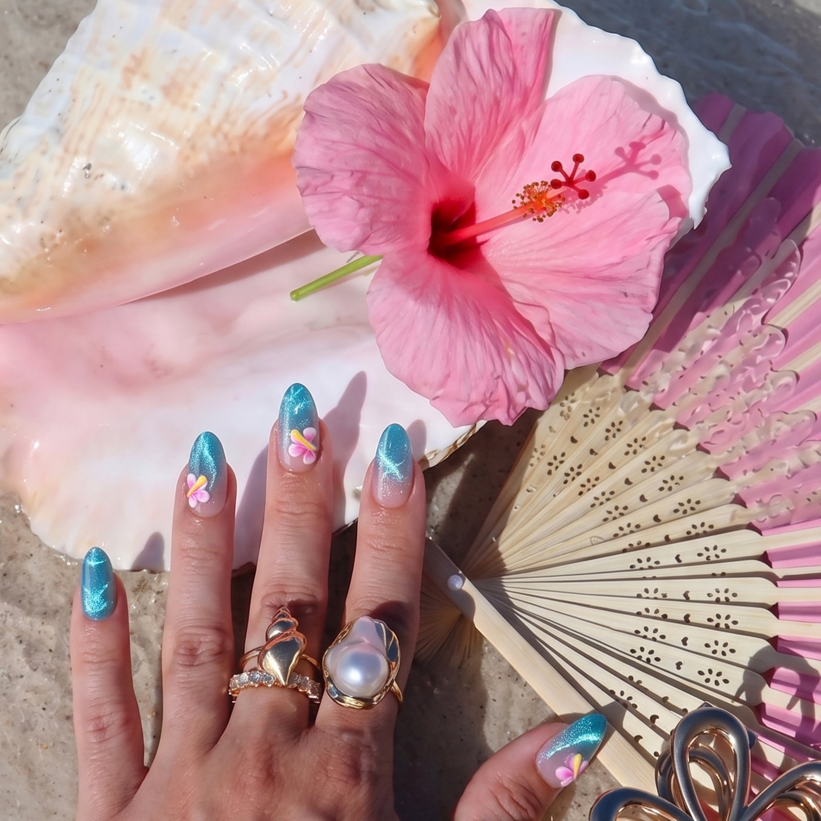 BTArtbox Press On Nails - Blue Holiday, Short Almond, 2-Week Wear, Easy-to-Apply, 32 Count All-in-One Kit