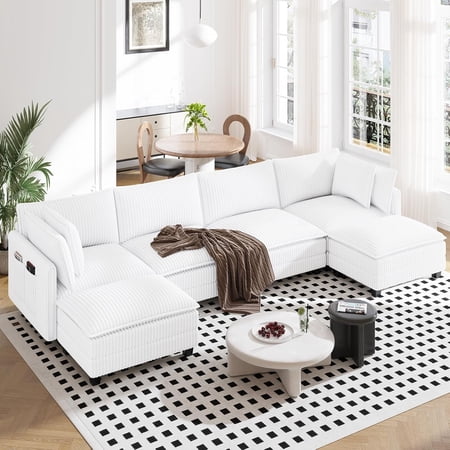 Neche 143" U Shaped Sectional Modular Couch, Comfy Corduroy Upholstered Modular Cloud Sofas for Living Room, Modern Sectional Sofa with 2 Ottoman Deep Seat, Warm White