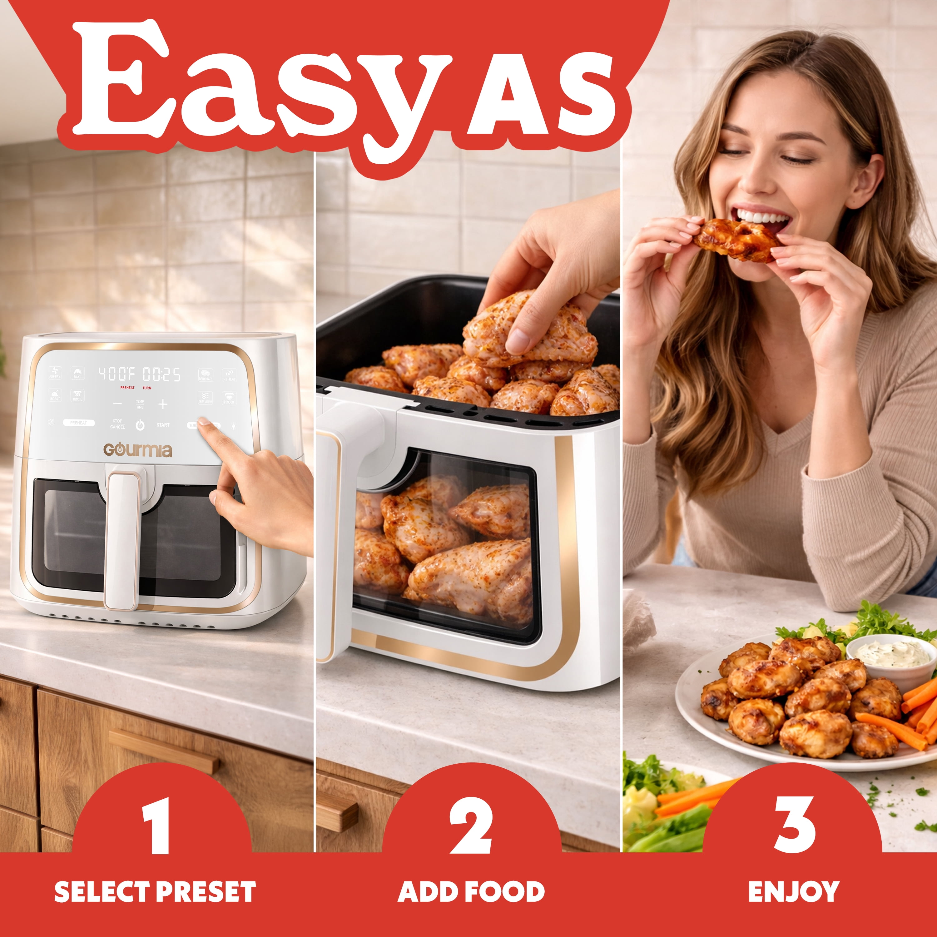 Gourmia 8 Qt Air Fryer, 8 Presets with Digital Display, FryForce 360° Technology, Easy View Window & Interior Light, Dishwasher Safe Basket, White