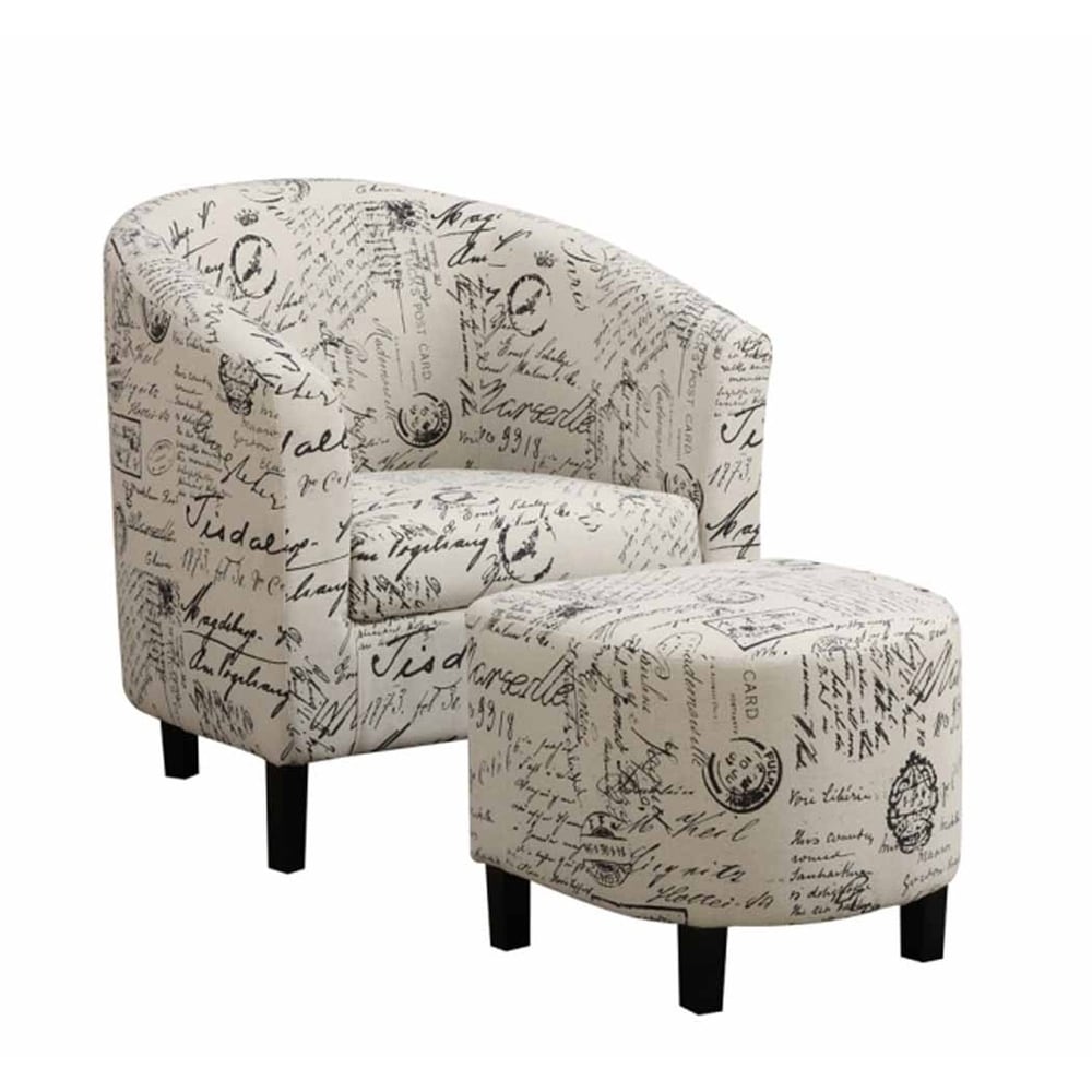 Vannes Transitional Vintage French Script Accent Chair and Ottoman
