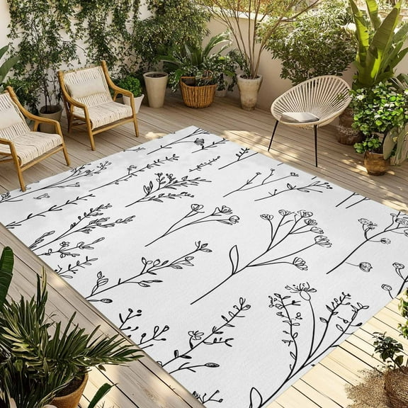 Fsddascl Black Pastoral Floral Outdoor Rug for Patio/Deck/Porch, Non-Slip Large Area Rug 4 x 6 Ft, Tropical Bloom Silhouettes Indoor Outdoor Rugs Washable Area Rugs, Reversible Camping Rug Carpet