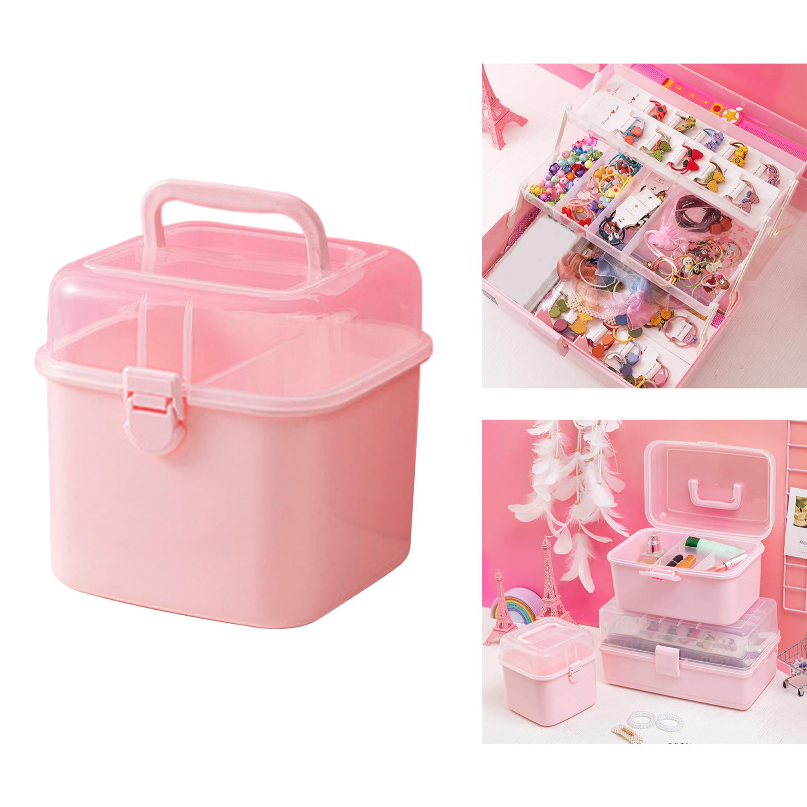 SEAHOME 3-Tier Pink Storage Box Hair Accessories Organizer for Girls Multipurpose Cosmetics Supplies Storage Box Portable Lockable Container