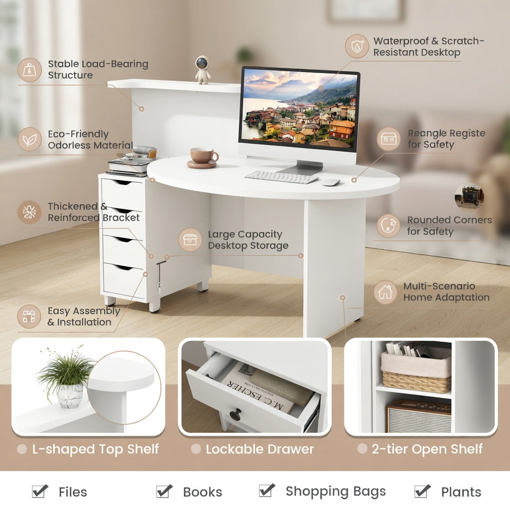 Demi Bonn Front Reception Office Desk with Open Shelf and Lockable Drawer, Small Home Computer Desk Study Writing Table, White