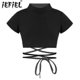 thumbnail image 2 of Kids Girls Cotton Round Neck Tank Tops Short Sleeve Jazz Dance Hip Hop Performance Costume Sport Crop Top Sash Tie Cross Waist, 2 of 5