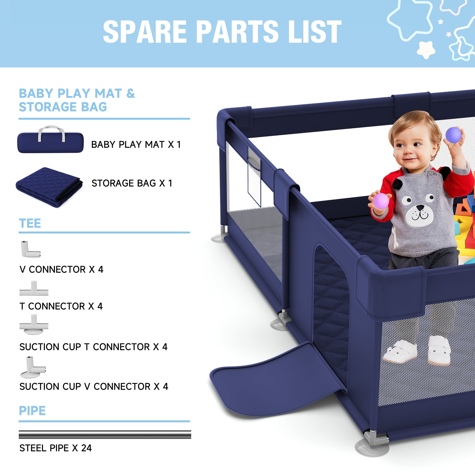Babyeap Baby Playpen With Mat,50"x50"Play Pen for Babies and Toddlers,Play Yard With Gate for Indoor Outdoor,Navy Blue