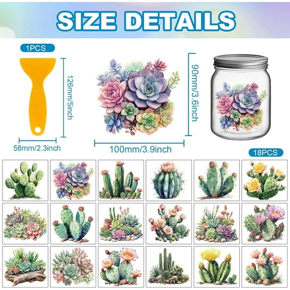 18 Sheets 3.9x3.6inch Cactus Rub on Transfer Colorful Succulent Vase Home Decals Plant Flowers Cup Transfer Stickers for Furniture Vase Glass Art Crafts Decorations