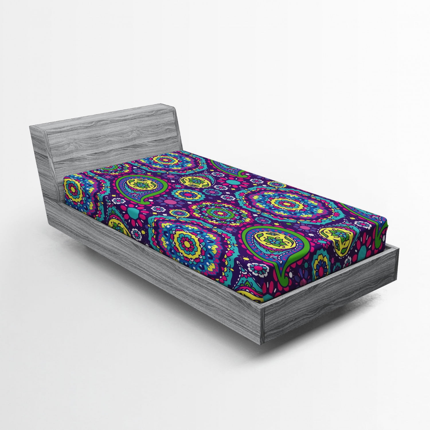 Purple Mandala Fitted Sheet Paisley Leaves with Flower in ...