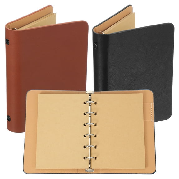 Uxcell 6 Ring Binder Cover, 2 Pack A7 kraft Leather Notebook Binder Mini Refillable Loose Leaf Personal Planner with 50 Sheets Paper, Black / Brown