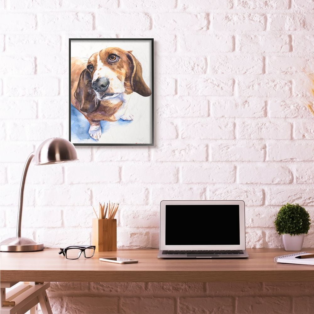 Stupell Industries Cute Basset Hound Dog Pet Animal Watercolor Painting Framed Giclee Texturized Art by George Dyachenko