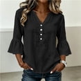 thumbnail image 2 of hoksml Women's V Neck Partial Button 3/4 Bell Sleeve Blouse, Curved Hem Linen Texture Casual Tunic Top for Office Daily Wear, 2 of 8
