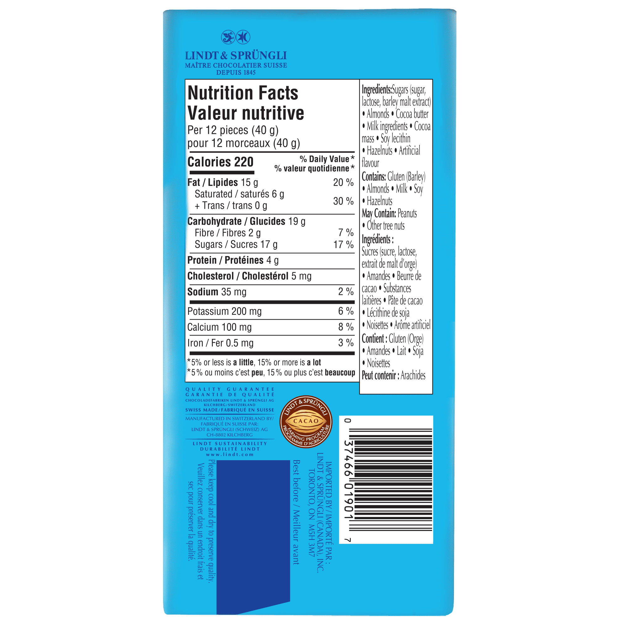 Chocolat au lait avec amandes Lindt SWISS CLASSIC – Barre (100 g)