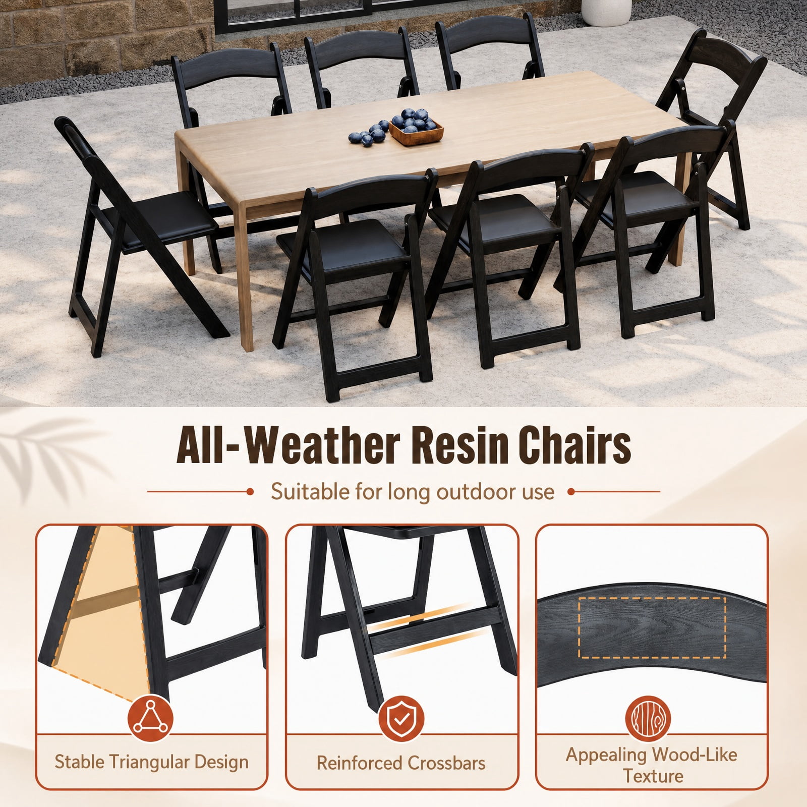 Furnibear Resin Folding Chairs Set of 4 with Padded Seat and Reinforced Frame for Weddings Parties and Commercial Event Seating, Black