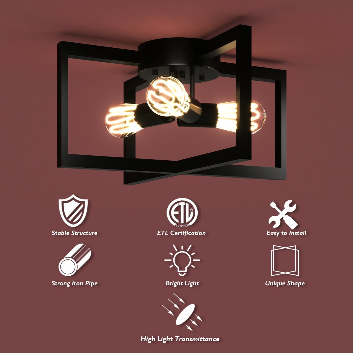Gymax 3-Lights Flush Mount Ceiling Lamp Geometric Metal w/ Iron Square Lamp Shade