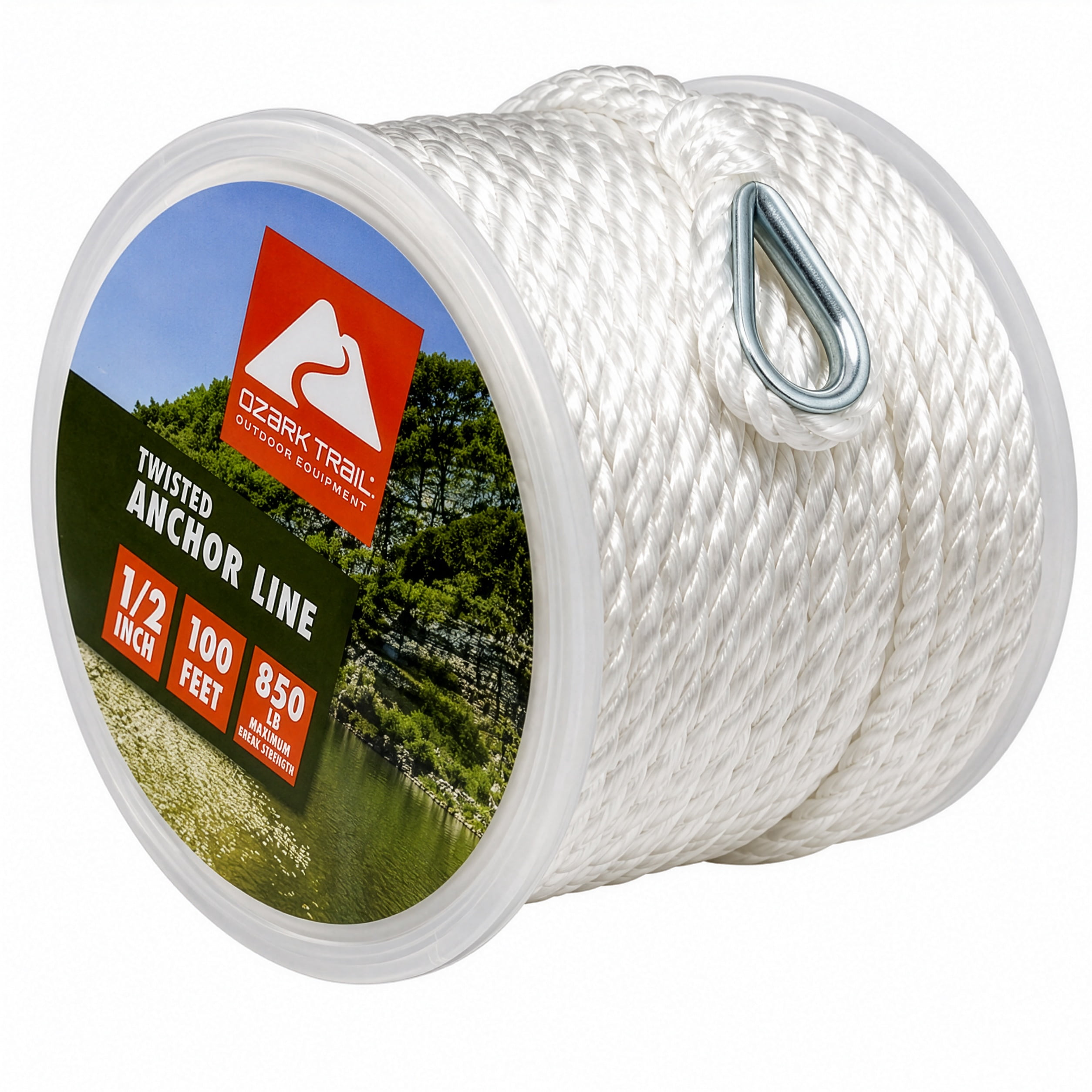 Ozark Trail 1/2 in x 100 ft Twisted Nylon Marine Anchor Line, White, 850 lb Working Load
