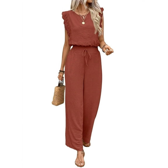 Jumpsuits for Women 2025 Summer Ruffle Sleeves Square Neck Rompers Drawstring Overalls with Pockets Orange Color M